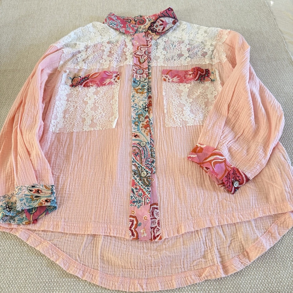 POL Patchwork Floral Trim Long Sleeve Women's Gauze Button Up‎ Shirt Size M - Picture 12 of 16